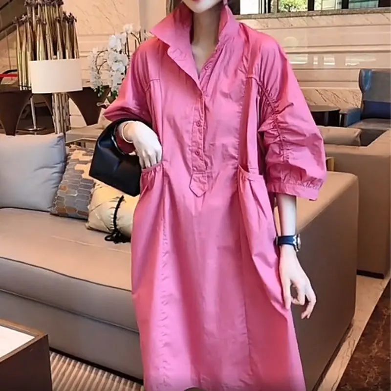 

Female Clothing Half Sleeve Midi Dress Commute Solid Color All-match Summer Loose A-Line Waist Fashion Pockets Spliced Dresses