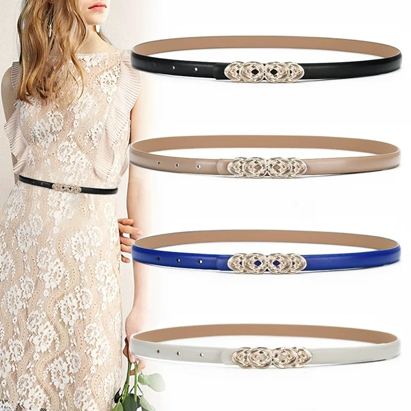 

2024 Women's Fashion Skinny Cowhide Leather Belts Thin Waist Belt With Gold Solid Color Twist Plaque Buckle Designer Waistband