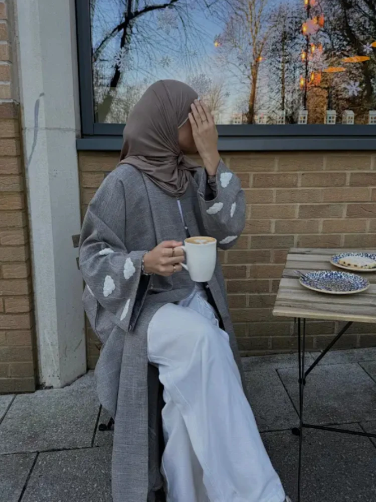 Cloud Embroidery Kimono Abaya Linen Fabric Long Dress Cardigan Muslim Abayas for Women Dubai Luxury Kaftan Ramadan Islam Clothes