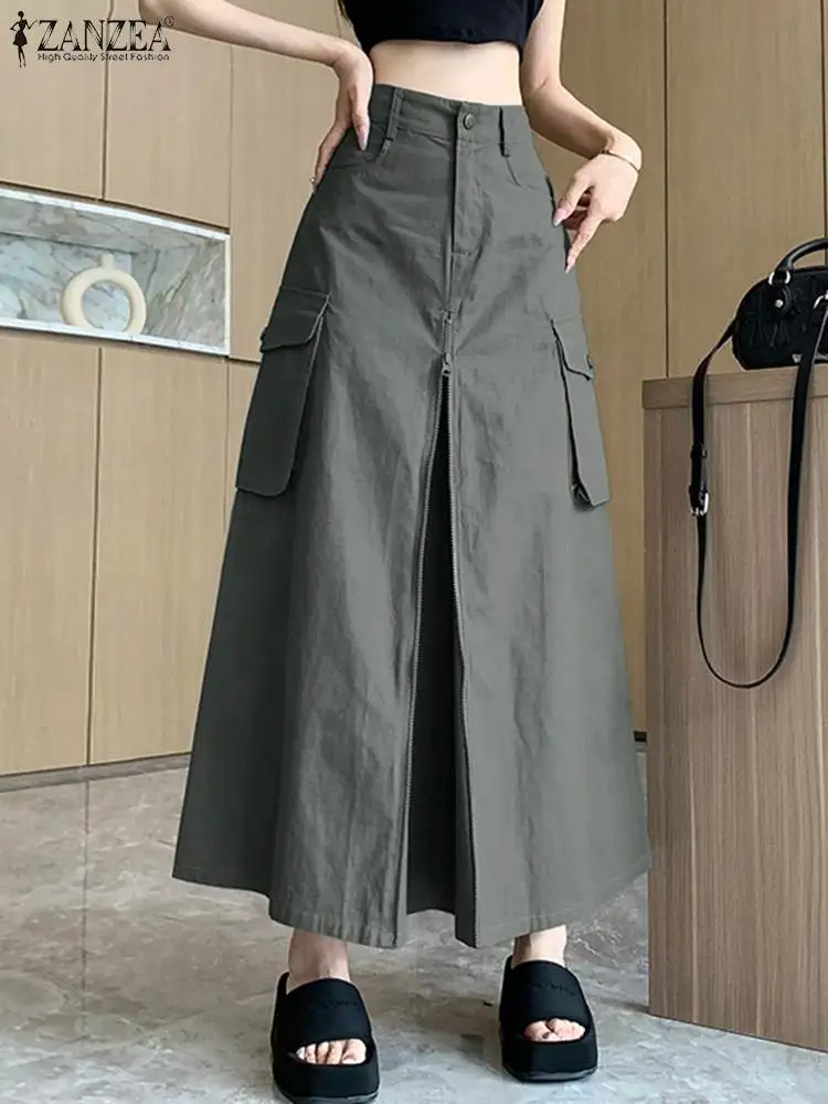 

ZANZEA 2024 Spring Solid Color Faldas Women Long Skirt Korean Fashion High Waist Cargo Jupes Casual Loose Pleating Maxi Skirts