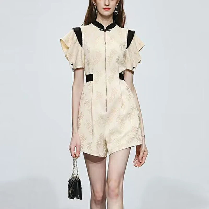 summer new stand collar elegant fashion ruffles patchwork playsuit female chinese style short sleeve patchwork jumpsuit women