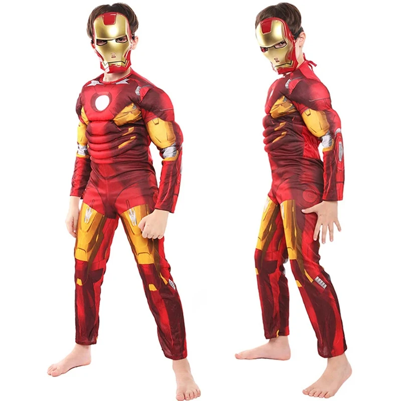 Bambini Iron Man Muscle Costume Superhero Iron Man Costume Cosplay Tuta Maschera Guanti Halloween Compleanno Body Per Regali Ragazzo