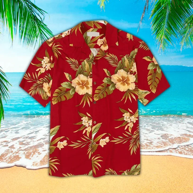 

2024 Hawaii Charming Beach Short Sleeve Cool Flower Print Red Shirt Summer Men's Casual Button Hawaiian Red Shirt