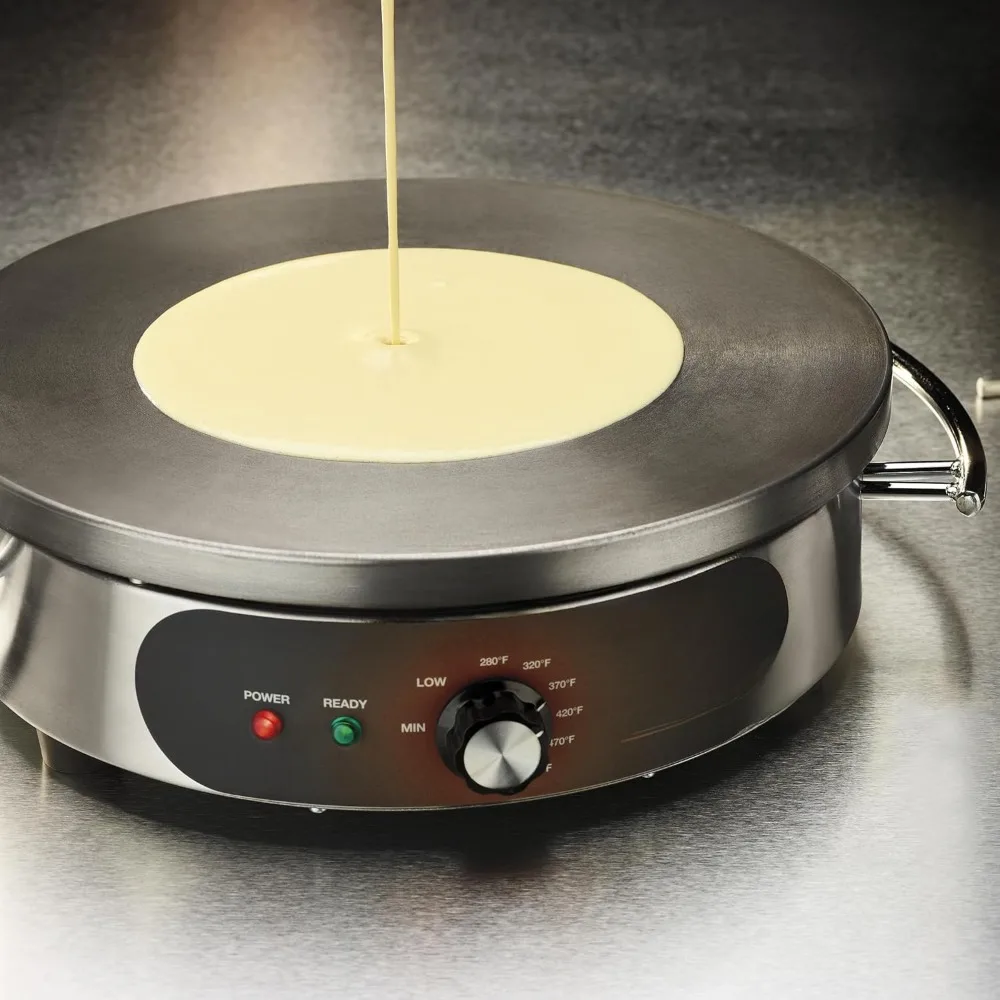 Crepe maker, cast iron cooking surface, stainless steel base, includes batter spreader, breakfast maker, bread maker 5