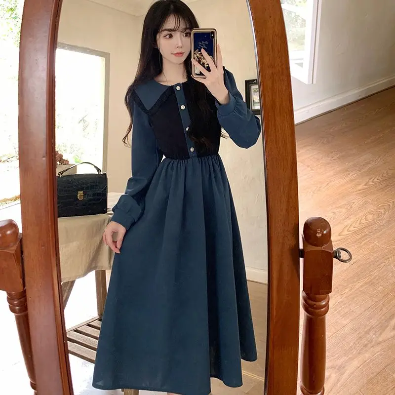 

Sweet Peter Pan Collar Button Spliced Shirring Korean Midi Dress Female Clothing 2024 Spring New Loose All-match Casual Dresses