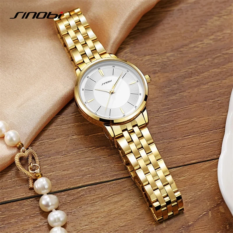 SINOBI Top Luxury Ladies Golden Watches Fashion Design Brand Women's Quart Wristwatches Casual Business Gifts Clock relogio