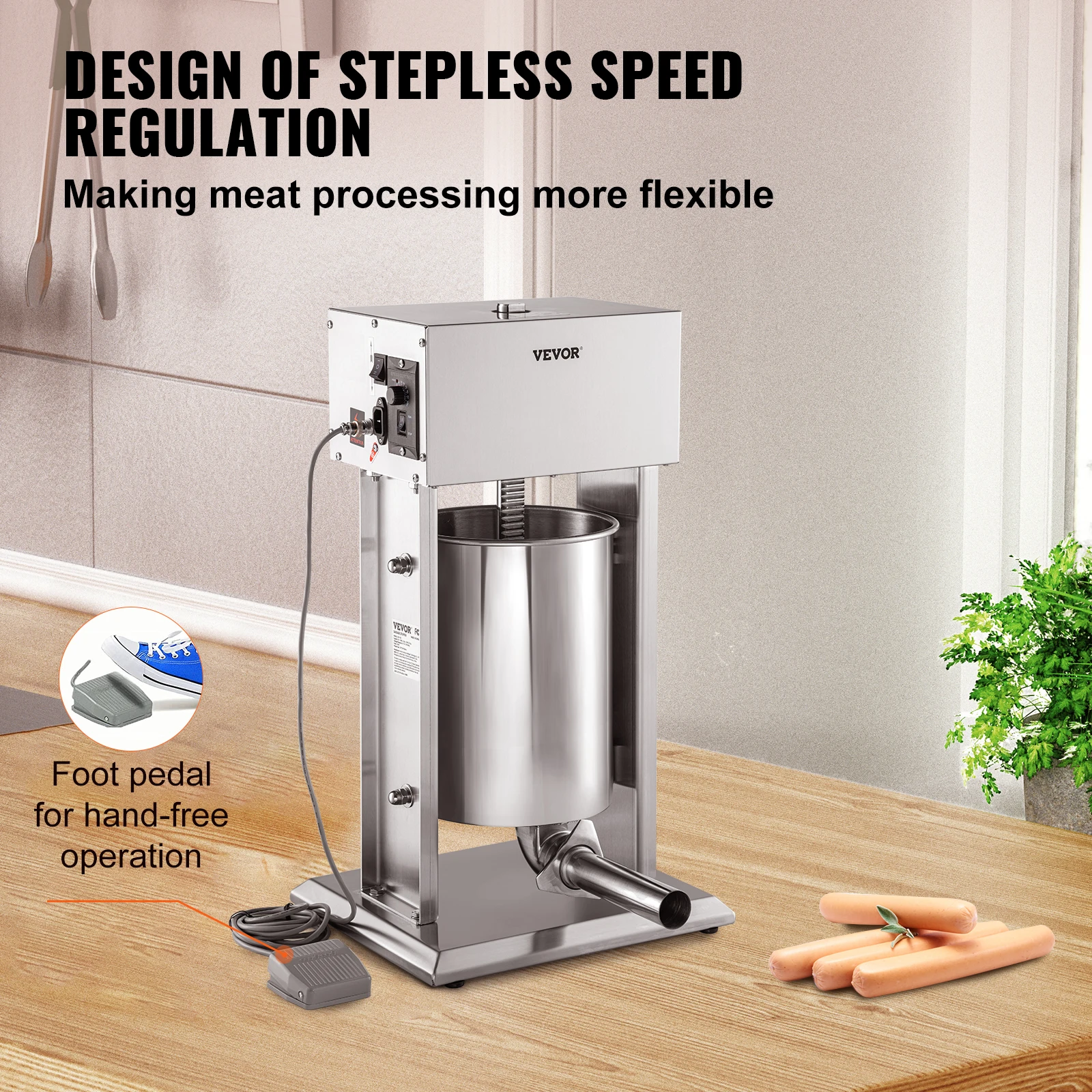 VEVOR Electric Stuffer,15L 260W Vertical Sausage Stuffer w/Speed Stepless, 304 Stainless Steel Sausage Machine w/4 Stuffing Tube