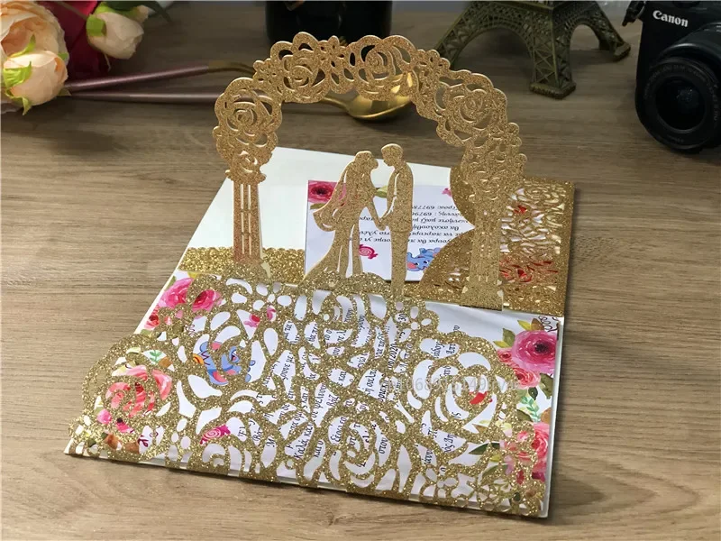 3D Bride and Groom Rose Gold Pop Up Wedding Invitations Laser Cut Greeting Cards Envelope Bridal Shower Invitation Cards