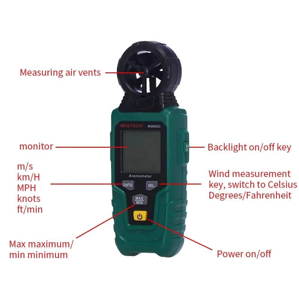 MS6652C Digital Handheld Wind Speed Measuring Meter Indoor and Outdoor High Precision Portable Wind Flow Measurement Instrument