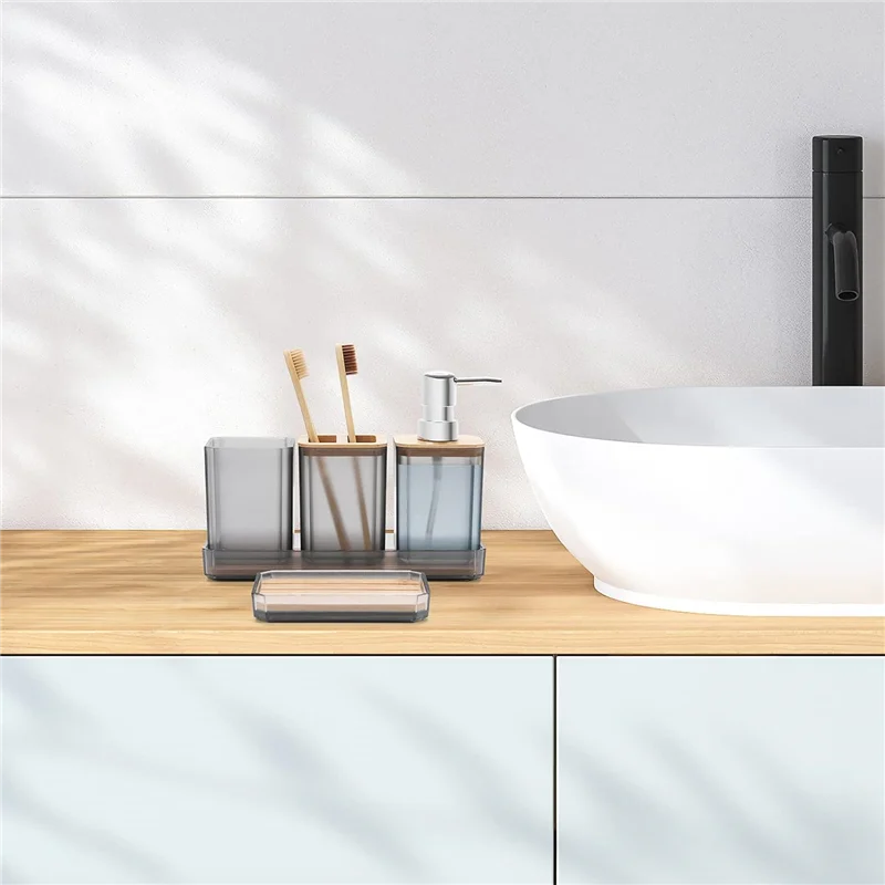 Y51A-5 Pcs Bathroom Accessory Set Soap Dish, Toothbrush Holder, Toothbrush Cup, Vanity Trayr (Grey)