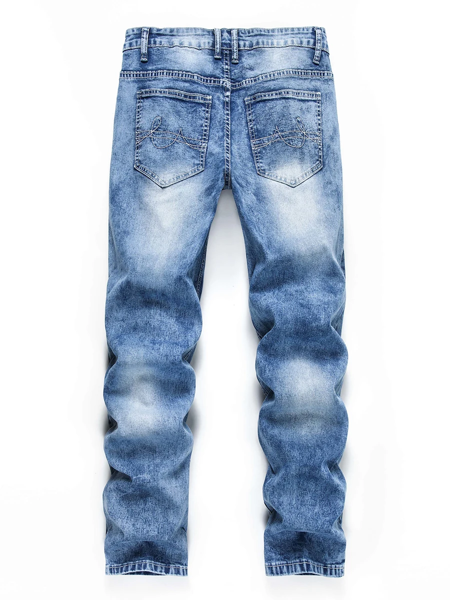 Men s Vintage  Fit Jeans Faded Washed Denim Trousers with Ripped Holes and Frayed Hem Casual Streetwear Bottoms