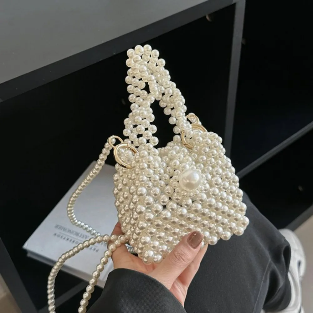 

2023 New Handmadke Beaded Basket Bag Pearl Shoulder Crosbody Bags For Women Large Capacity Top Handle Bags Ladies Shopper Bags