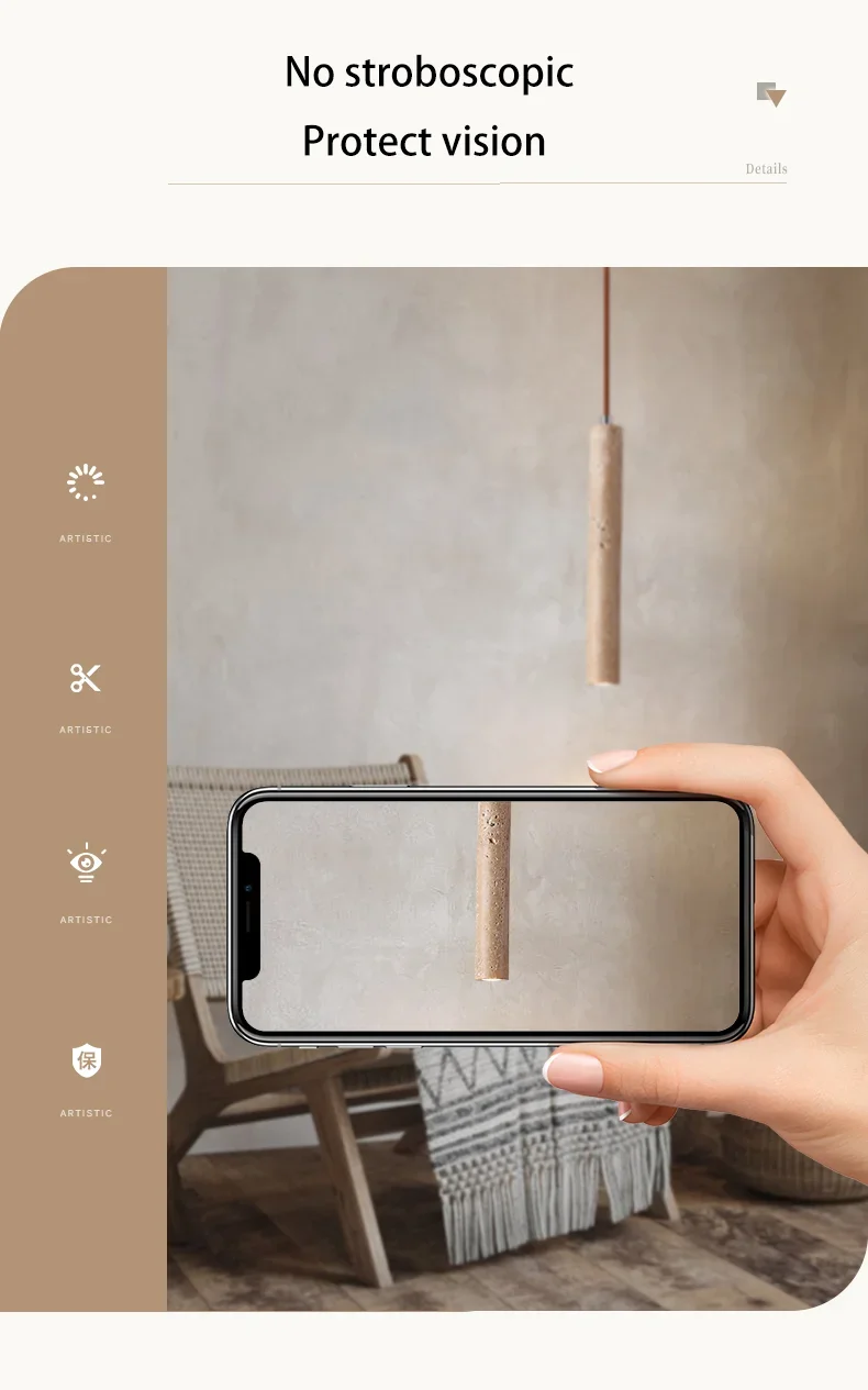 Description Picture 5 of itemModern Cylindrical ShapeTravertine Led Pendant Lamp Long Tube Wood Bedroom Bedside Atmosphere Corridor Suspension Lighting