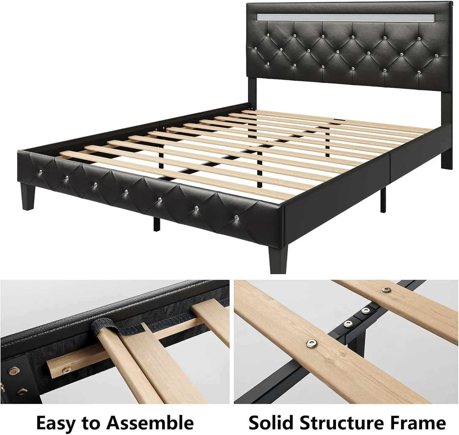 Queen Size Bed Frame with LED Lights, Upholstered Platform Bed Frame, Adjustable Headboard with Charging Station, Wooden Slats
