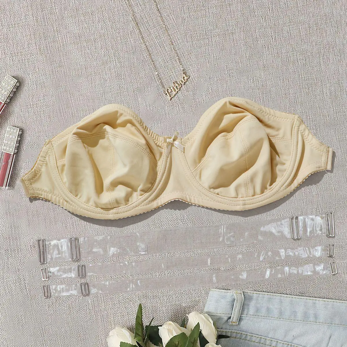 PLUSGALPRET Plain Simple Strapless Unlined Bra with Wire Backless Invisible Bra Plus Size 38C 38D 40C 40D 42C 42D 44C 44D-044