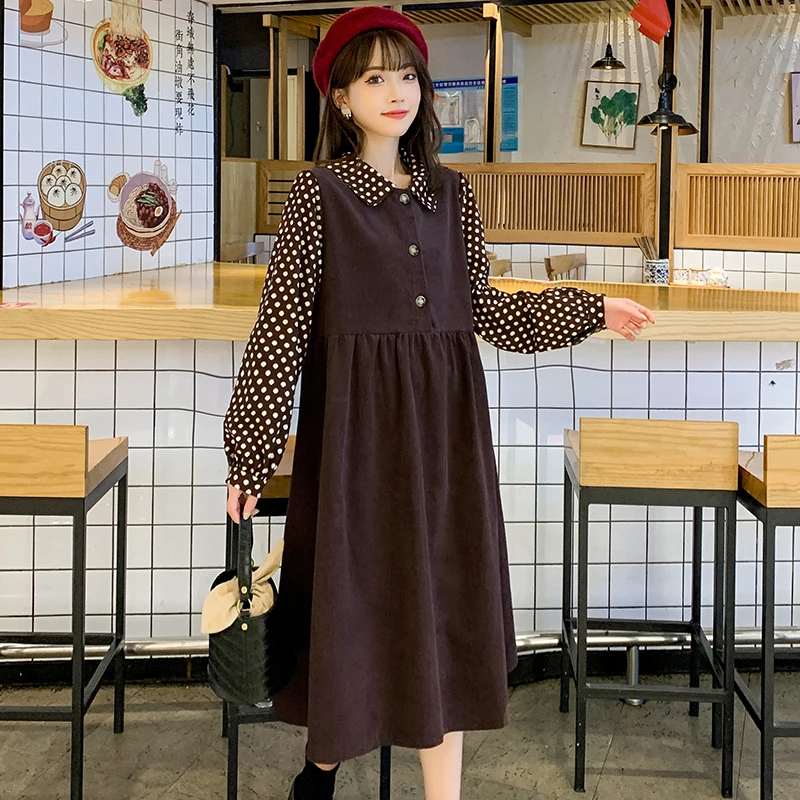 

Autumn Winter Maternity Cotton Dress Faux Two Pieces Long Sleeve Polka Dot Turn-down Collar Patchwork Button Fly Corduroy Dress