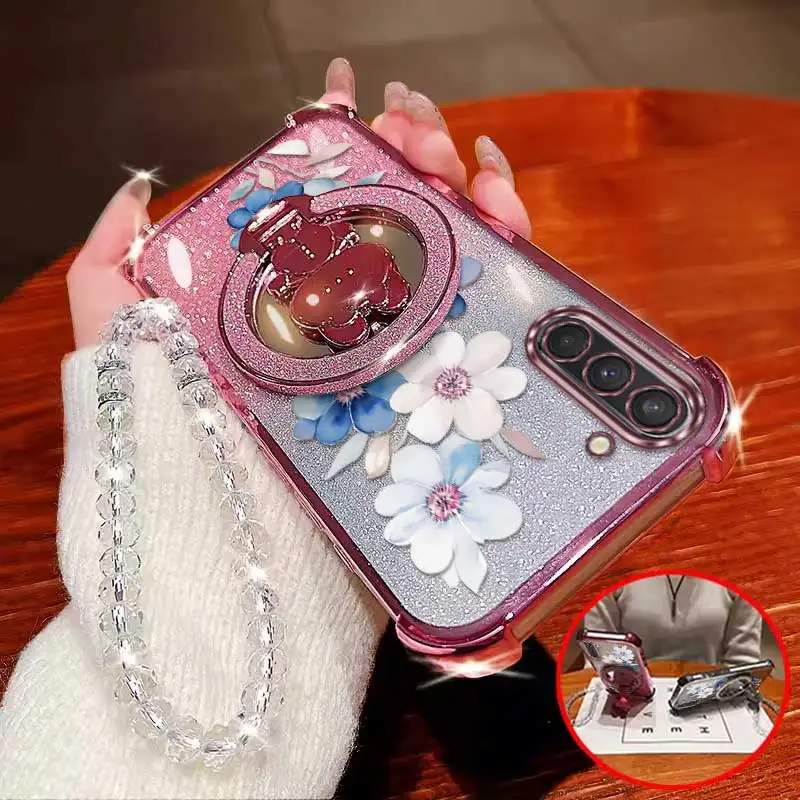 Attractive Flower Phone Case Set with Lanyard and Circular Stand - 3 Piece Set