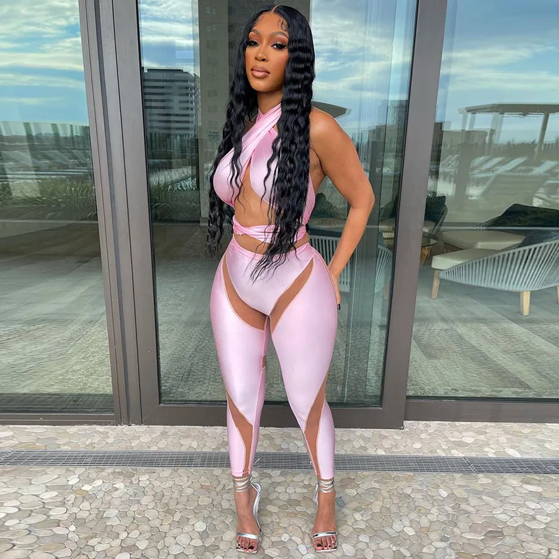 Mesh Patchwork See Through Tight Leggings 2023 Autumn Winter New Sexy High Waist Strecth Pink Pencil Pants Party Club Streetwear