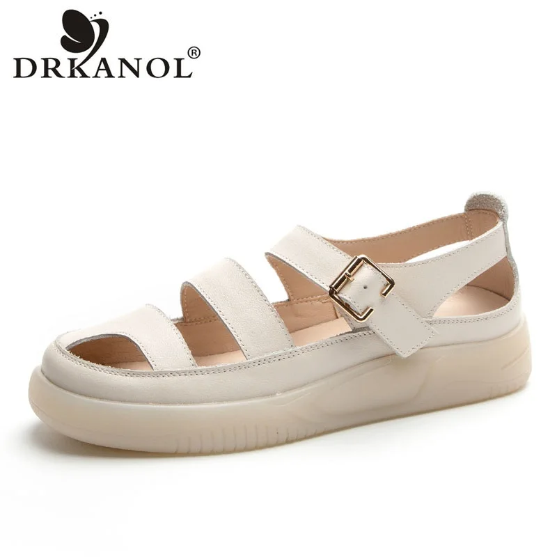 

DRKANOL 2024 Concise Genuine Leather Flat Sandals Women Summer Genuine Leather Shoes Outside Comfort Casual Buckle Roman Sandals