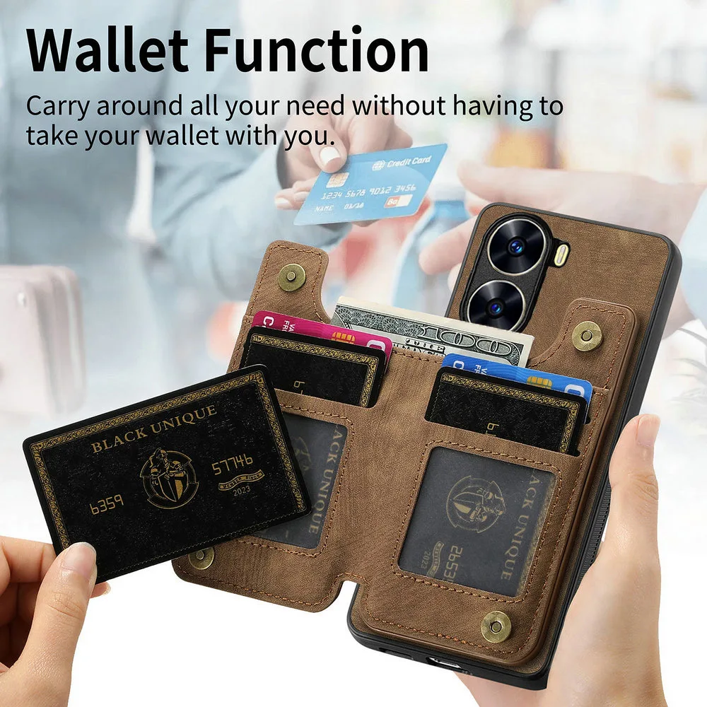 Zipper Leather Card Case with Magnetic Phone Holder and Back Cover