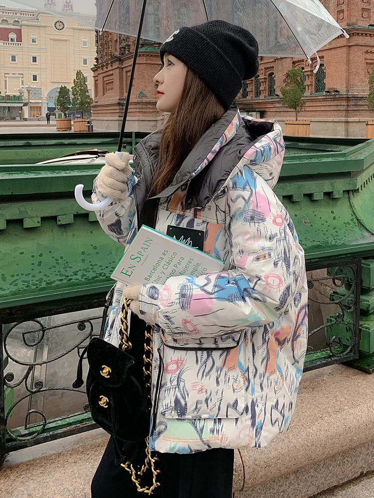 Down Jacket Fashion Short Women's Autumn and Winter Thickened Warm Windproof Warm Loose Hooded Straight Cartoon Anime Print 1Pc