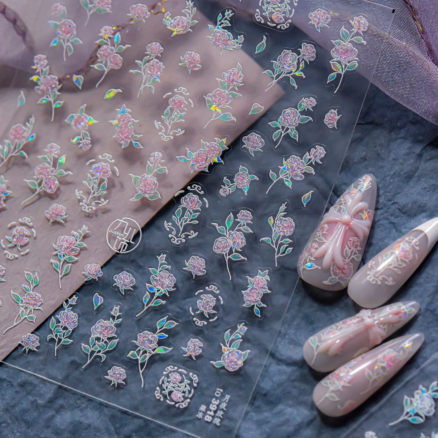 프랑스 로맨틱 로즈 네일 스티커 5D 레이저 핑크 퍼플 그라데이션 플라워 바인 라운드 필리그리 프레임 슬라이더 셀프 접착 데칼
