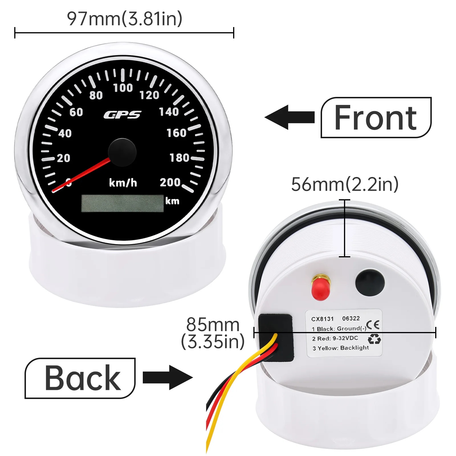 85 mm GPS-Tachometer, Kilometerzähler, 0–120 MPH, 160 MPH, 120 km/h, 200 km/h, mit 7-Farben-Hintergrundbeleuchtung für Auto, Boot, Motorrad, LKW, 12 V/24 V – Detail 3