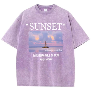 Sunset Everything Be Be Okay Smile 여성용 티셔츠, 반팔 패션, 시원한 의류, 부드러운 루즈 티셔츠, 여름 패션