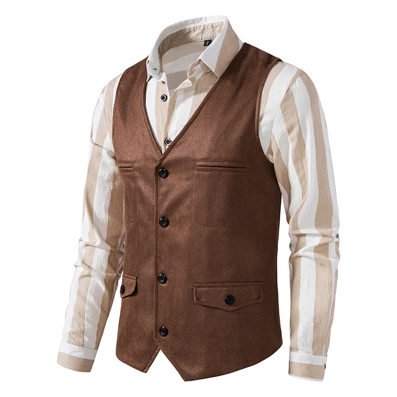 Vintage Vest Mens Faux leather V-Neck Sleeveless Jackets Fashion Single Breasted Casual Classical Suit Business Slim Fit Costume