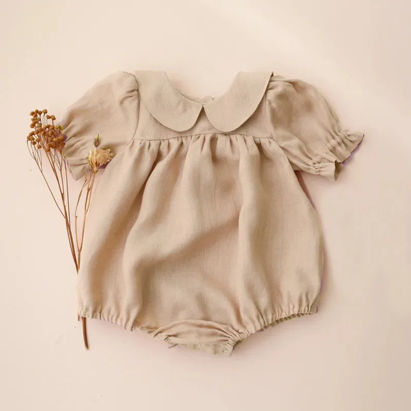 

Летняя одежда для новорожденных девочек, однотонные комбинезоны с короткими рукавами для младенцев цельный хлопковый льняной комбинезон