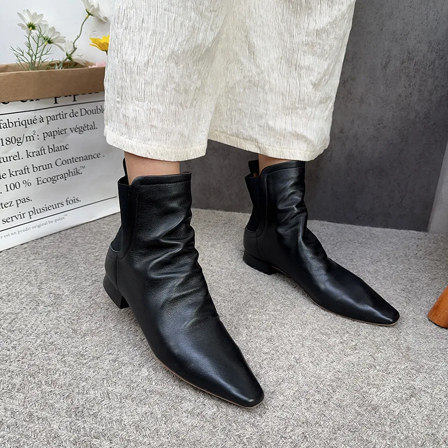 

Birkuir Pointed Toe Ankle Boots For Women Elastic Band Genuine Leather botas mujer Loafers Luxury Ladies Soft Thick Heel Shoes