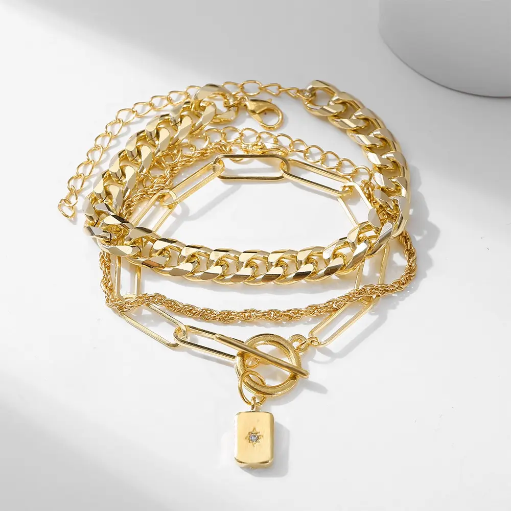 3Pcs Metal Bracelet European And American Style Thick Chain Personality Twist Ot Buckle Tag