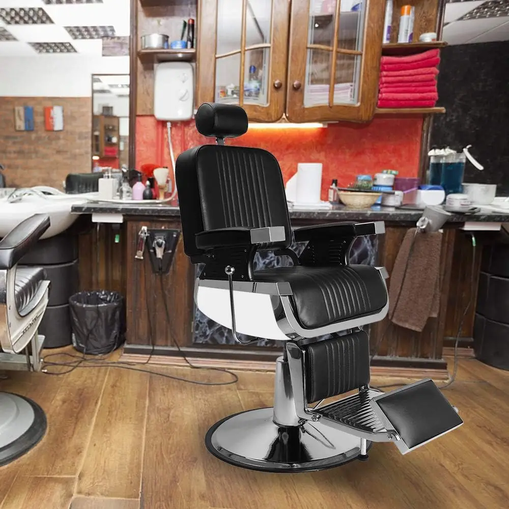 Heavy Duty Reclining Barber Chair with Headrest & Supports up to 500lbs & 360 Degrees Rolling Swivel