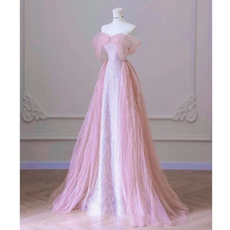 Pink off-Shoulder New Toast Dress Light Luxury Minority Banquet Women -  AliExpress 200000345