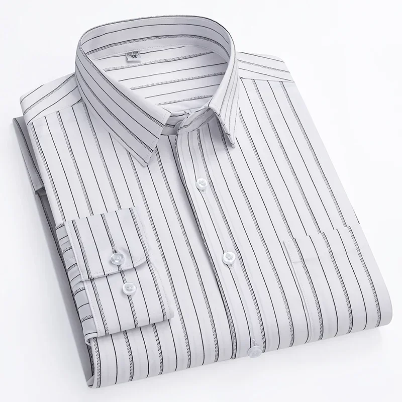 Men's Striped Stretch Business Long Sleeve Formal Dress Shirt Easy Care Casual Fashion Standard Fit Male Workwear Shirts