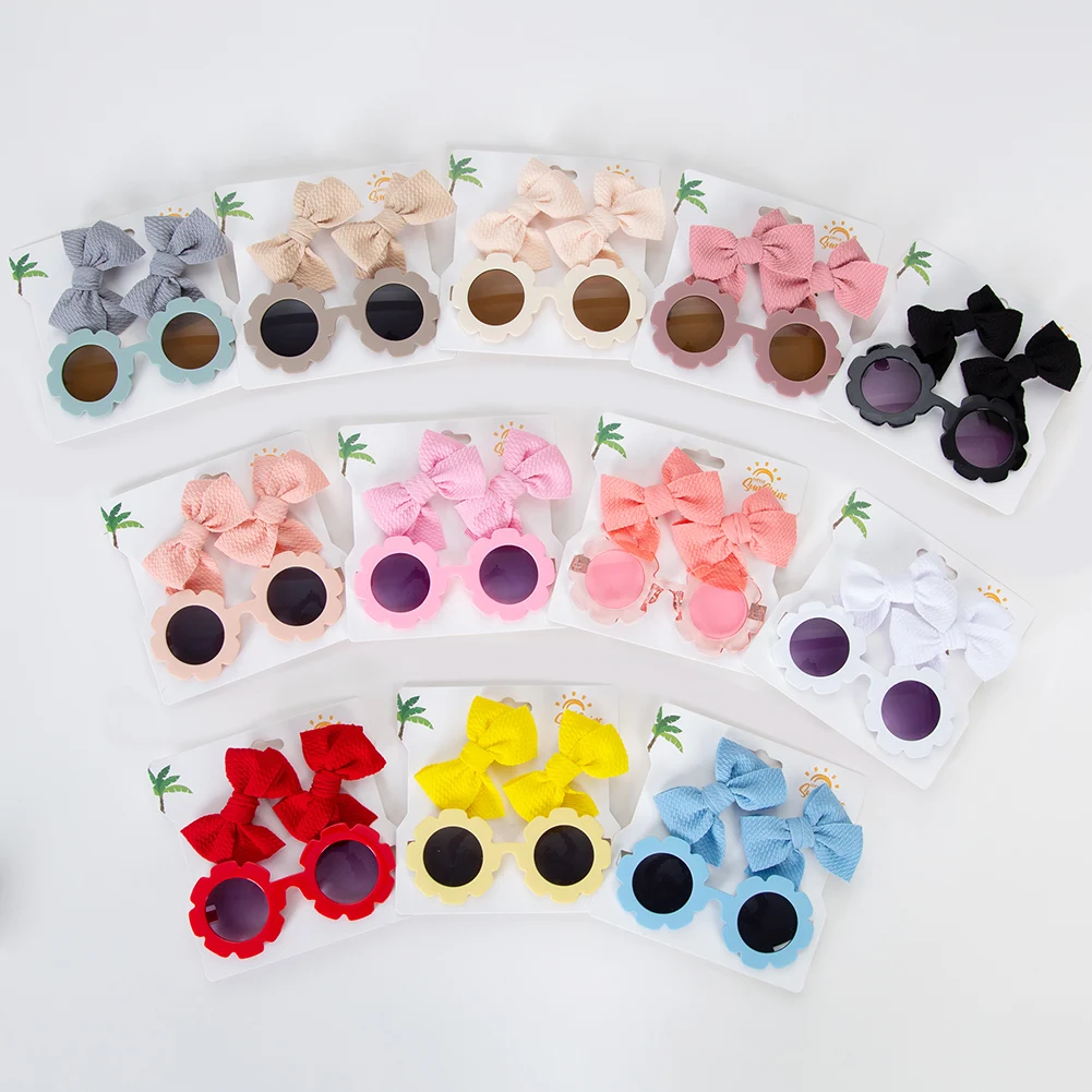 3Pcs/Card Flower Sunglasses with 2pcs 8.5cm Baby Hair Clips Set Bullet Fabric Princess Girl Hair Bow Hairpins Kids Sun Glasses 6