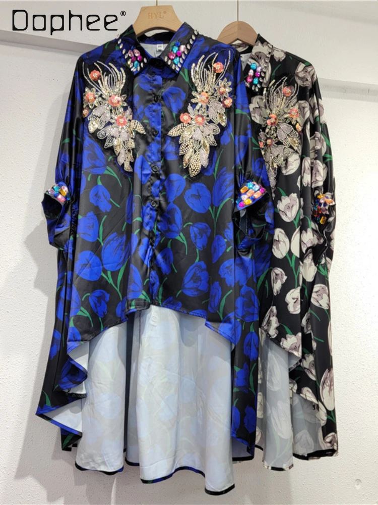 

Heavy Industry Rhinestone Front Short Back Long Irregular Short Sleeve Shirt Women 2024 Summer New Loose Batwing Sleeve Dress