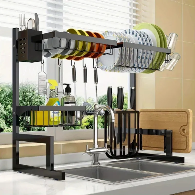 Kitchen Double-layer Stainless Steel Bowl Rack with Adjustable Drain Above Sink and Stainless Steel Bowl Rack Above Sink