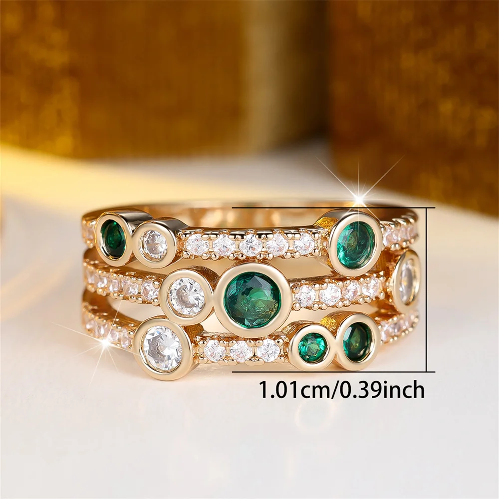 Green Zircon Round Stone Three Layers Rings For Women Vintage Gold Color Engagement Ring Wedding Jewelry Bridal Versatile Gifts