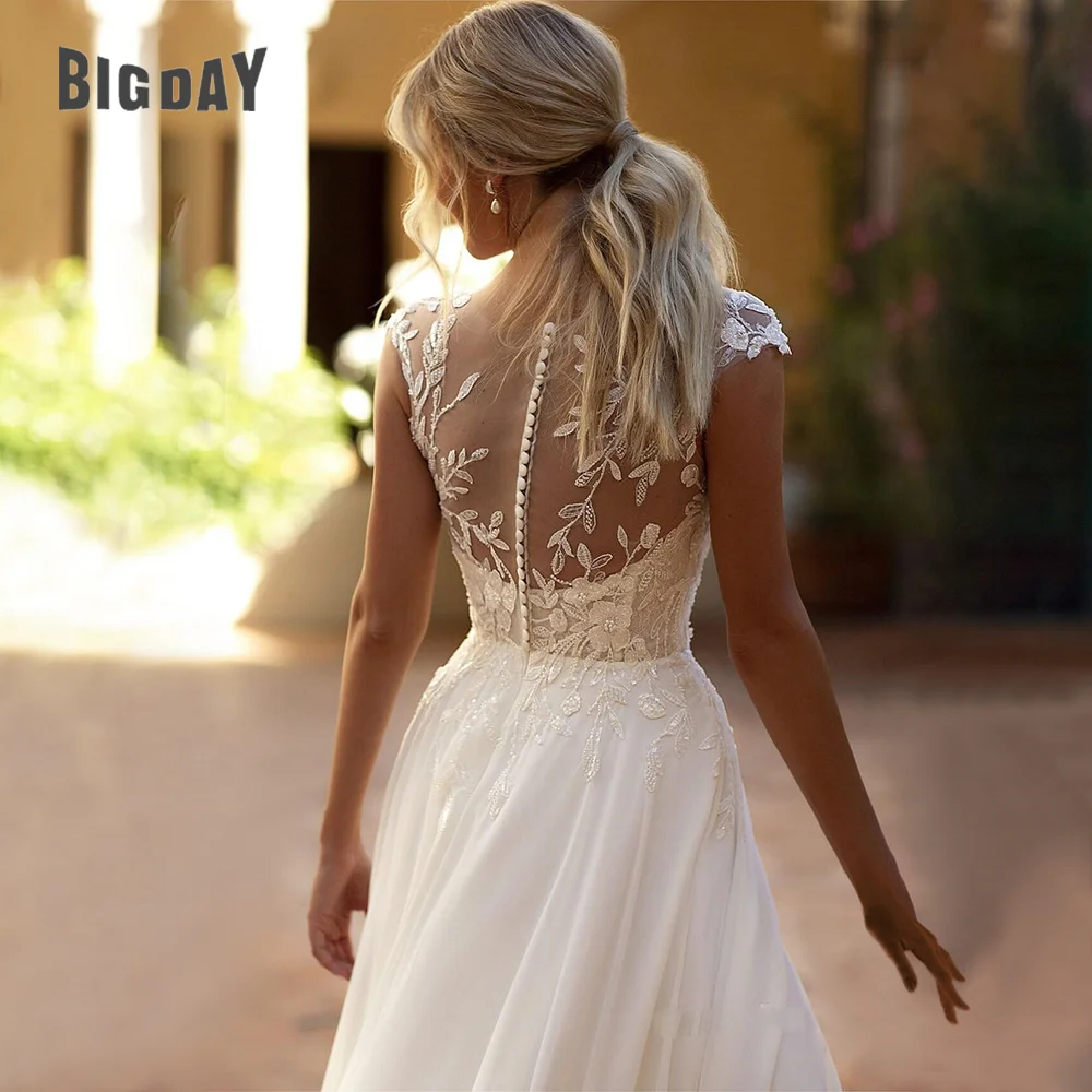 Elegant Boho Lace Wedding Dress Chiffon O-Neck Illusion Back Side Split Applique Bridal Party Gown Vestidos De Novia Customized 4