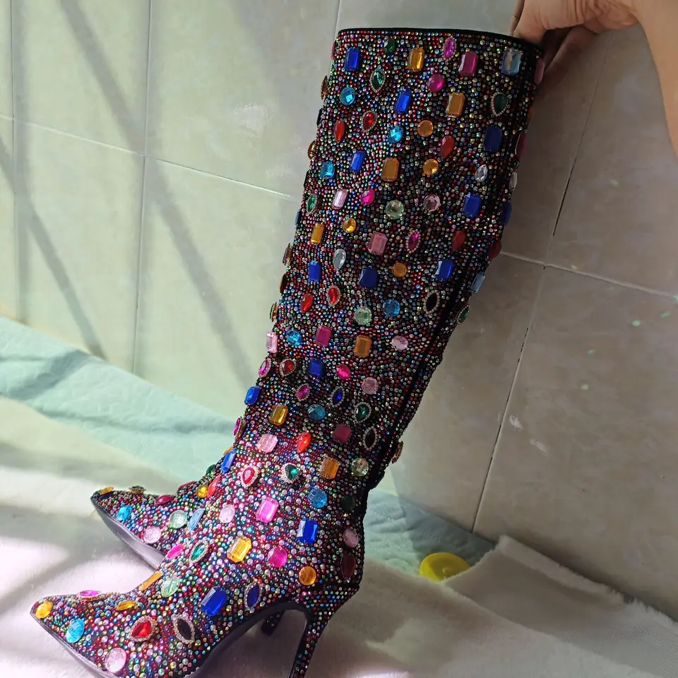【COLOR iN ID】High Teen Stud Stiletto Women Fall Rhinestone Stud Knee High Boots Mixed Color Bling