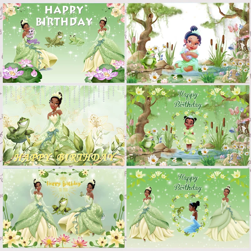 Disney Princess Tiana Photo Background Frog Girls Happy Birthday Party Custom Photography Background Cake Table Banner Decoration