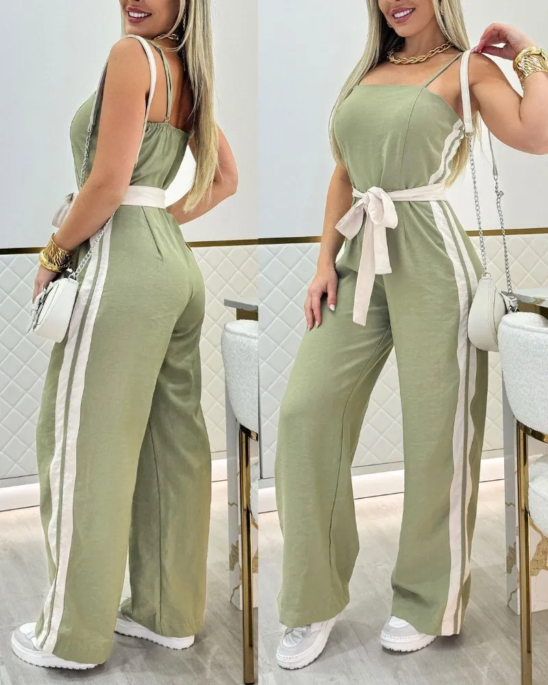 Schicker, gestreifter, ärmelloser Overall für Frühling und Sommer mit gebundenem Detail und Spaghettiträgern, lässiger Bandeau-Strampler mit weitem Bein für Damen – Detail 2