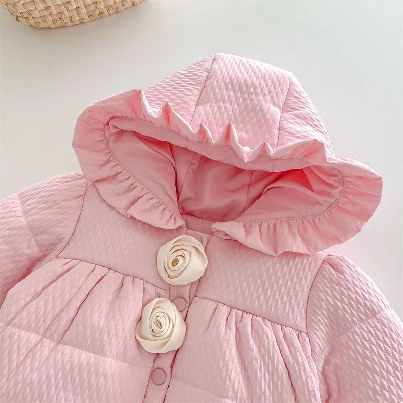 Children's Winter Coat Pink Bow New Hooded and Velvet Warm Thick Cotton Jacket Kids Outerwear Hoody for Girl