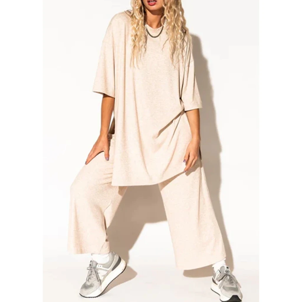Combhasaki Womens Summer 2Piece Solid Color Outfits Set Short Sleeve Crew Neck Side Split T-Shirt+Loose Ankle-Length Capri Pants 6
