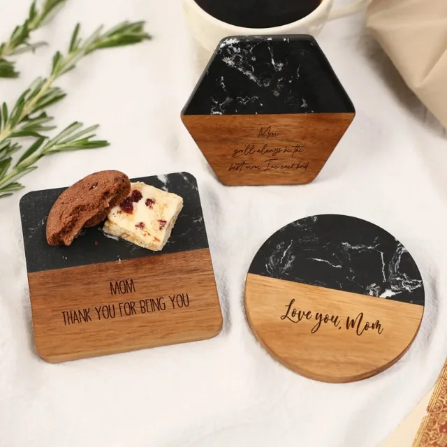 Personalized Marble Acacia Coasters