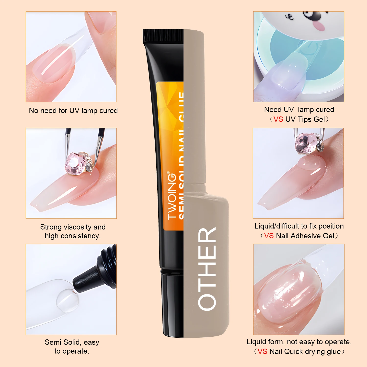 Quick-Dry Nail Glue，Semi solid Super Strong Adhesive For Press-On Nails，Rhinestones，Acrylic Nails，Fake Nail，No need UV/LED Cured 4