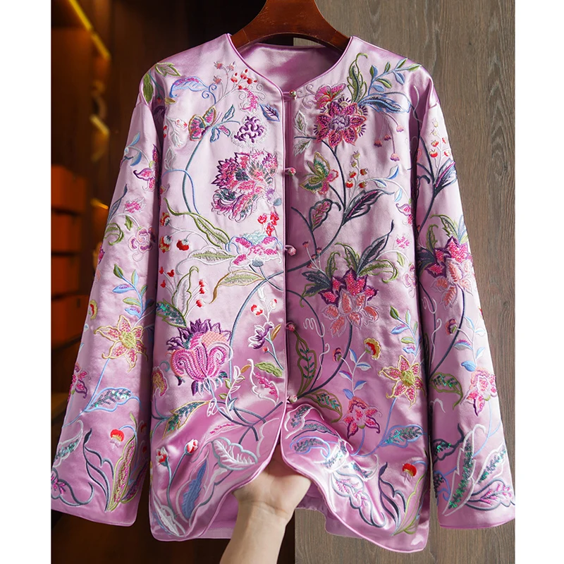 Spring New High End Chinese Style O-Neck Single Breasted Raglan Sleeve Acetate Fibre Embroidery+ Beading Lady Jacket S-XXL