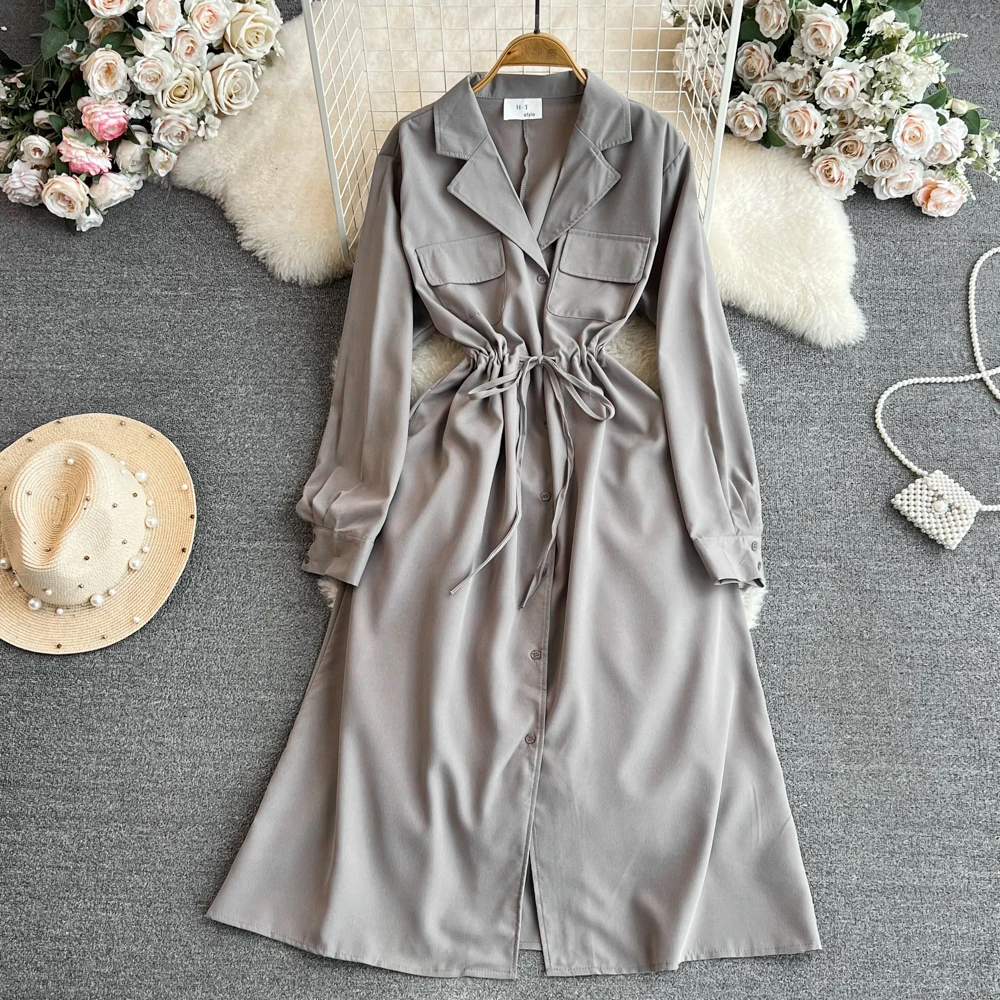 

Spring And Autumn Celebrity Long Sleeve Office Dress Women Suit Collar Wrapped Waist Show Slim Ladies Mid Length Shirt Dresses