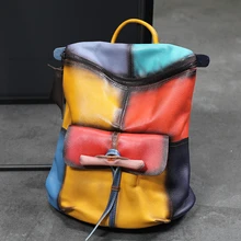 

Retro Genuine Leather Fashion Backpack Women's Color Contrast Soft Leather Large-Capacity Pure Cowhide Backpack